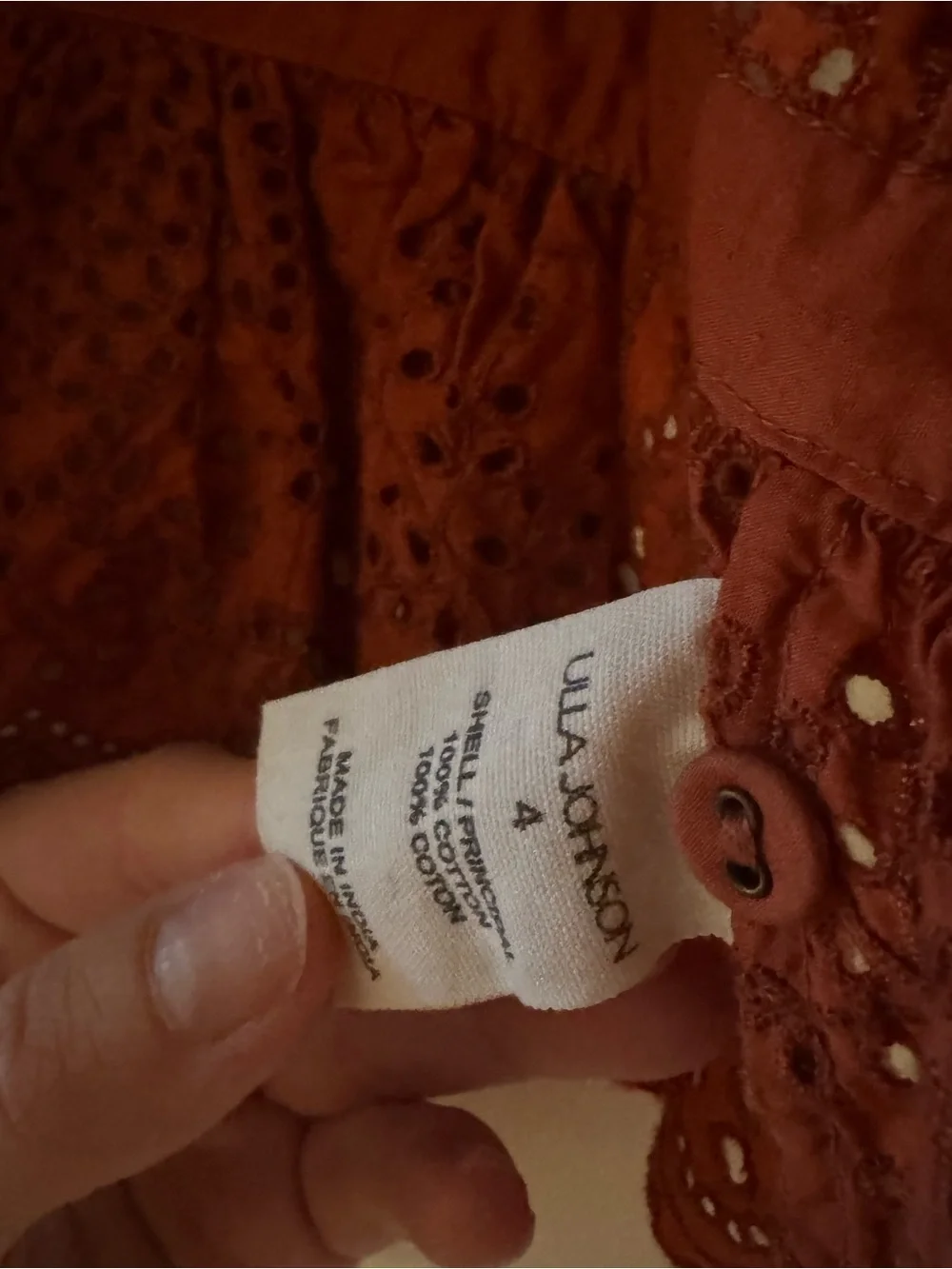 Ulla Johnson size 4 Suri Blouse Eyelet Rust Puff Sleeve Embroidered